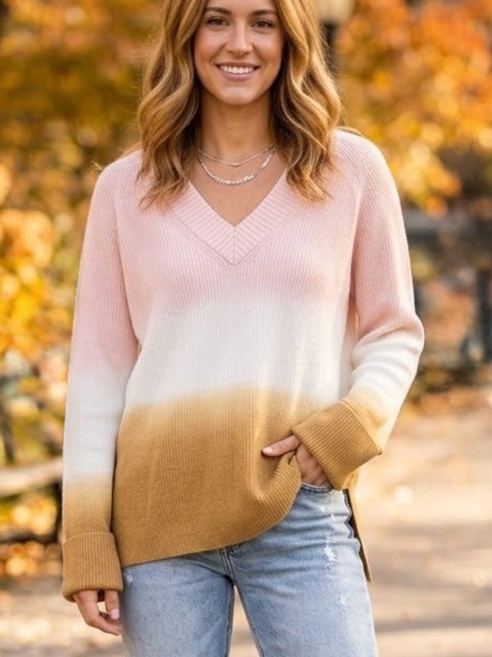 Anthropologie Pink Mustard Ombre Dip Dye Ribbed V-Neck Sweater M